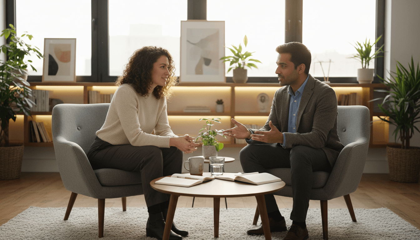 Personal development coach having a consultation with a client in a professional office setting